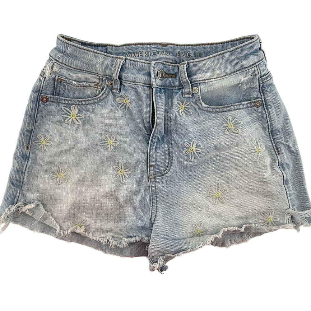 American Eagle Daisy Embroidered Denim Shorts Womens 00 Light Wash Cutoff